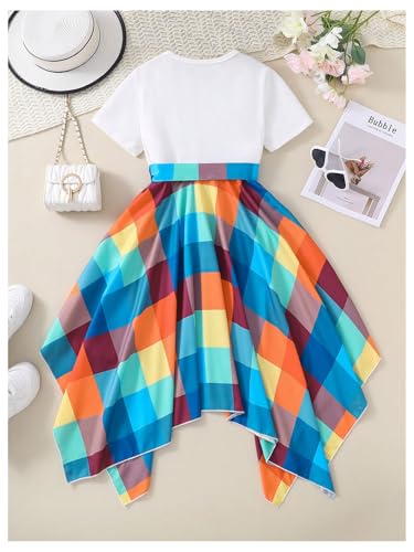 Floerns Girl's Graphic Patchwork Color Block Dress Short Sleeve Flowy Belted Midi Dress2