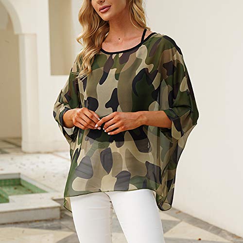 Image of Ckikiou Plus Size Batwing Flowy Semi Sheer Chiffon Blouse Tunic for Women Summer Floral Print Boho Beach Cover ups