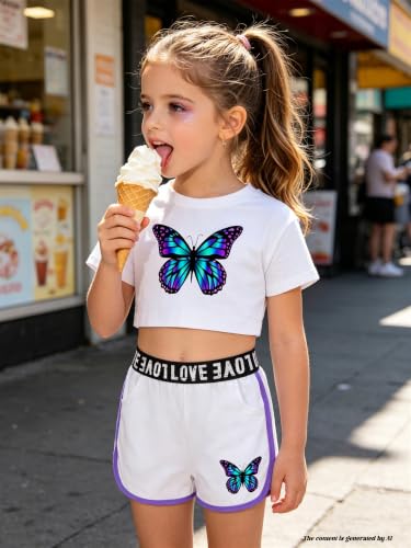 Image of Betusline Girls Summer 2 Piece Outfits,Kids Short Sleeve Crop Top & Shorts Set with Side Pockets
