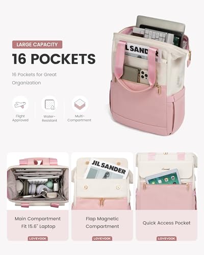 Image of LOVEVOOK Laptop Backpack for Women, 15.6 Inch Work Laptop Bag with USB Port, Fashion Teacher Nurse Backpack Purse, Waterproof Travel Computer Backpack with Organizer Bag, 2PCS, Beige-Pink