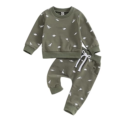 Image of Thorn Tree Toddler Boys Dinosaur Clothes Set Crewneck Sweatshirt Long Sleeve Sweater Solid Pocket Pants Fall Outfits