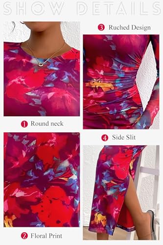 Image of CFLONGE Long Sleeve Dress for Women Floral Print Ruched Wedding Guest Maxi Dresses Tight Fitted Cocktail Party Bodycon Dress