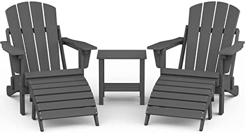 SERWALL 5-Piece Adirondack Chair and Ottoman and Table Set, Weather Resistant Adjustable Backrest Adirondack Chair with Ottoman and Side Table, Adriondack Chair for Backyard, Garden,Deck,Grey