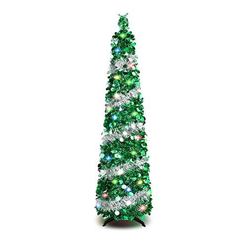 5 FT Christmas Trees with 90 Colorful Lights, Collapsible Artificial Sequin Pop Up Christmas Tree...