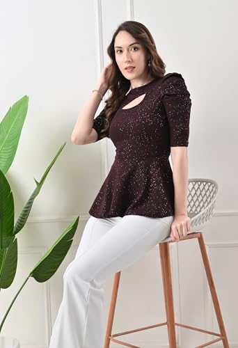Image of Women's Glitter Peplum Top with Keyhole Neck | Puff Sleeve Top