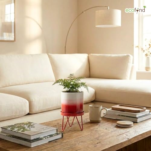 Image of ecofynd Lucas Metal Plant Pot with Red Stand, Modern Style Planter Set, Indoor Outdoor Home Decor Item for Garden Plants Flower, Balcony, Patio, Living Room, Garden, Bedroom (PWS032-WHTRED)