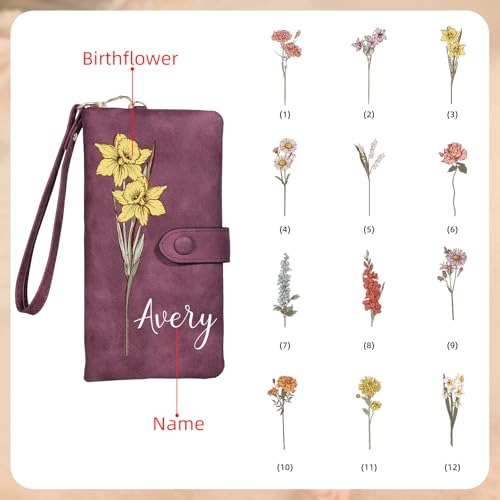 Personalized Wallet for Women Custom Birth Flower & Name Wristlet Women Wallets Leather Purse for Women Card Holder Wallet Gifts for Women Mom (Purple)2