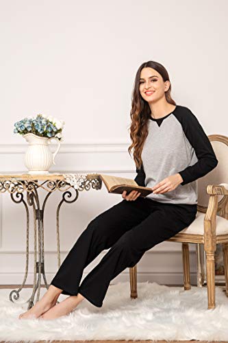 Ekouaer Long Sleeve Pajama Set Womens Comfy Sleepwear Round Neck Tee And Pants Cozy Loungewear Sets Black #TOP3