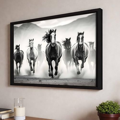 Image of 7 Running Horses Vastu Framed Wall Art Painting For Living Room | Black & White Horse Painting With Frame| Premium Wall Art for Home & Office, 14x18 Inch