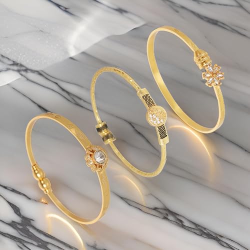 Image of Touchstone Indian Bollywood Handcrafted Engraved Etched Floral Round Rhinestones Cubic Zirconia CZ Designer Jewelry Openable Elegant Gold Plated Bracelets Combos for Women