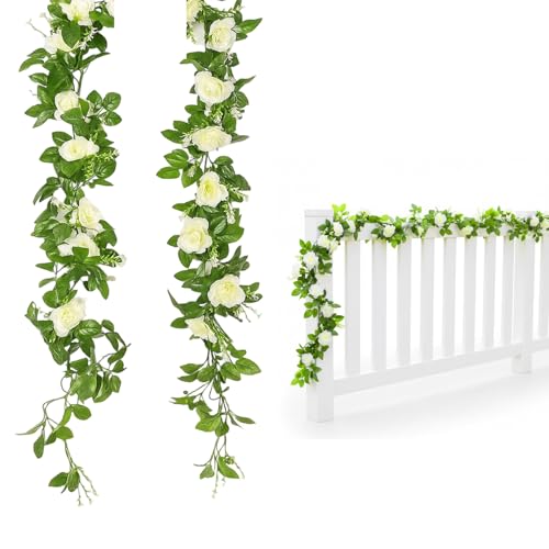 QhgPnt Flower Garland, White Flowers Garlands Decoration, Artificial Floral Garlands for Wedding Decor, Wedding Arch Flowers, 2 Pack 220cm Garland