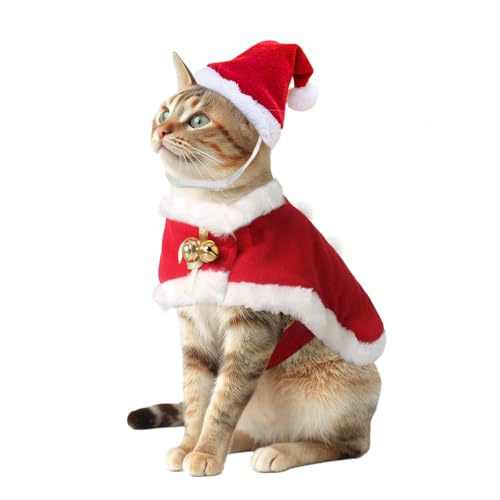 BillionChains Cat Christmas Costume with Santa Hat and Cloak Cat Xmas Outfit for Kitten/Puppies/Home Christmas Decoration