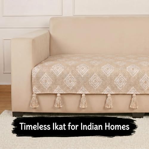 Image of STITCHNEST 'Verdant Rekhika Stories' 1 Seater Sofa Cover| Elegant Jacquard Fabric, Decorative Tassels, Washable & Durable for Modern Living