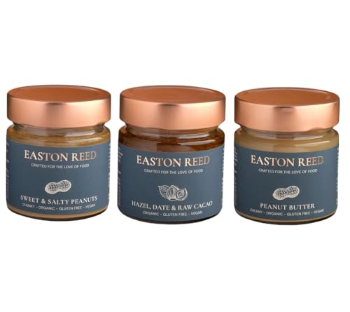 EASTON REED Trío de Mantequilla de Cacahuete y Crema de Avellanas Bio, 1x Creamy, 1x Crunchy Sweet & Salty y 1x Hazel, Date & Raw Cacao, sin aceite de palma, vegano, ideal para Porridge y Postres