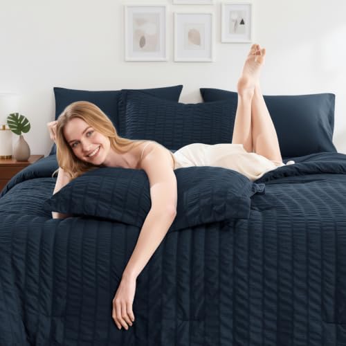 Image of HIMEET King Size Comforter Set - 7 Pieces Seersucker Bed in a Bag, Boho Bedding Sets for Bedroom Decor, All Season Home Essential Bed Set with Comforter, Sheets, Pillowcases & Shams, Navy Blue