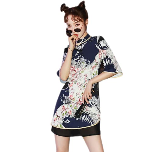 BNVN Robe Cheongsam améliorée de style chinois Qipao - Robe courte moderne pour femme - Bleu - XXL Cover