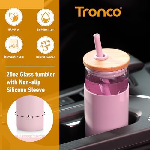 Tronco 20 oz Glass Tumbler with Lid and Straw, Iced Coffee Cup and Smoothie Cup with Bamboo Lids & Protective Silicone Sleeve, Dishwasher Safe, BPA-Free, Glass Cup 1 Pack - Image 2