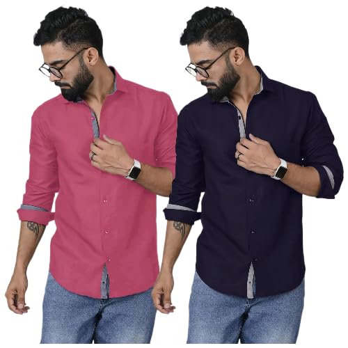 Image of Pinkmint Shirt for Men Cotton Soild Shirt & Spread Collar Long Sleeve Shirt Formal, Travelling