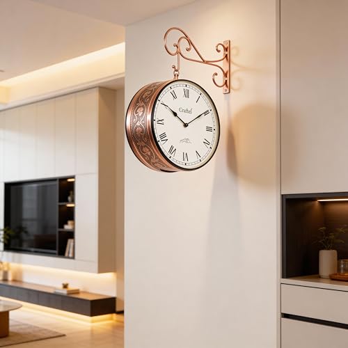Image of CRAFTEL Double Sided Station Hanging Wall Clock | Both Side Roman Numerals | Aluminum Dial with Dome Glass | Gift for Home Hall Living Room | Dial 10 Inch, Rose Gold