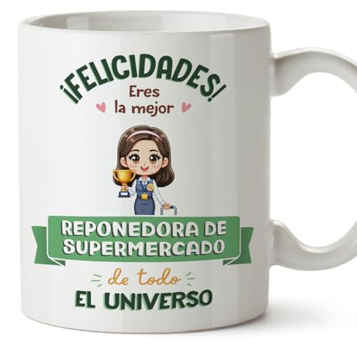 MUGFFINS Tazas para REPONEDORA DE SUPERMERCADO mujer - En Español - Mejor Universo Trofeo - 11 oz / 330 ml - Regalo original y divertido