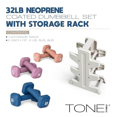 Image of Tone Fitness Neoprene Dumbbell Set with Storage Rack - Non-Slip, Anti-Roll Hand Weights for Home Gym Workouts | 20 lb, 32 lb, 50 lb, 60 lb & 100 lb Options