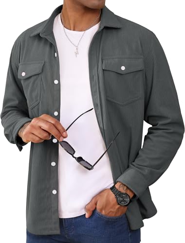 MAGCOMSEN Shirts Men Jacket Long Sleeve Corduroy Shacket Button Down Casual Overshirt for Men Smart Regular Fit Dark Grey