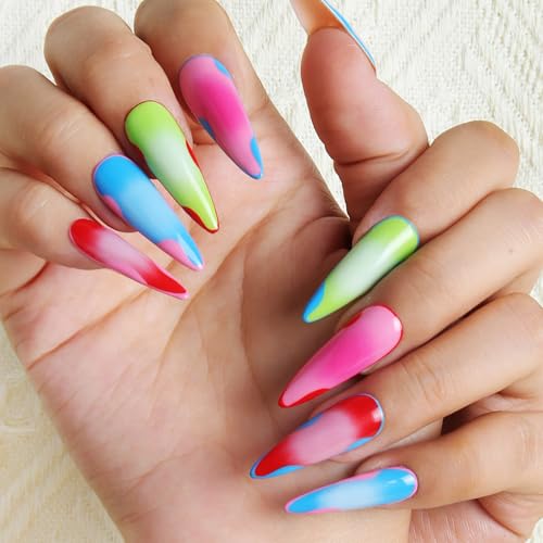 Melines Handmade Press On Nails - Dopamine Color Block Gradient 10pcs Long Almond Nails, Colorful Full Cover Artificial Stick on Nails Kit