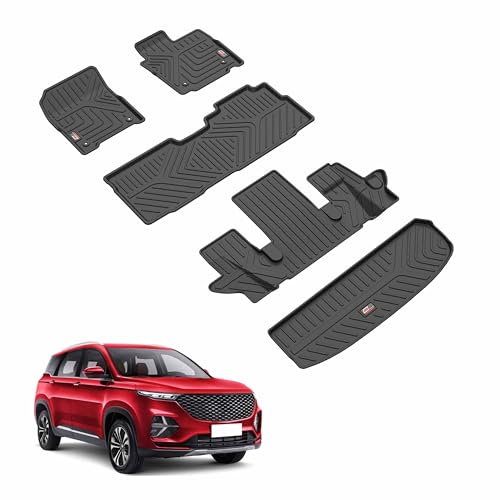 Image of GFX Life Long Car Floor Mats for MG Hector Plus 6 Seater (2020 Onwards) with Trunk Mat | Premium 7D PU Leather Mats | Waterproof Anti-Slip Custom Fit All Weather Car Floor Mats for MG Hector Plus