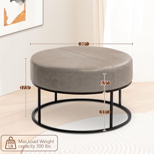Image of Modern Round Coffee Table, Farmhouse Ottoman Coffee Tables for Living Room, Large Vintage Faux Leather Tables with Leather Upholstered Padded Seat [Round, Taupe, 30'']