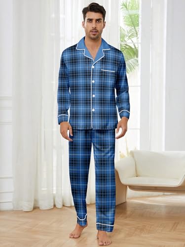 Mens Plaid Button Front Flannel Pajamas Set Cotton Pjs Warm Soft Lounge 2 Pieces Sleepwear Top with Pockets & Pj Pants2