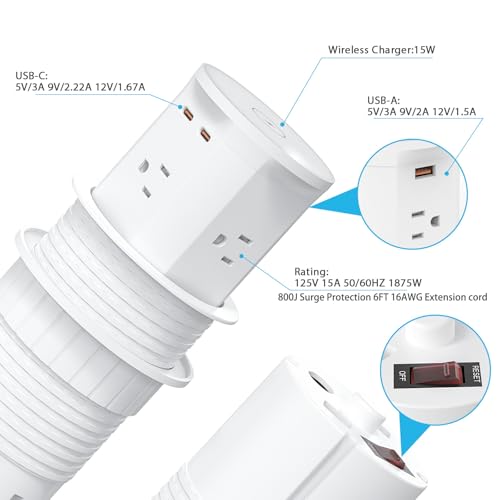 Yyska PP01 Pop Up Outlet For Countertop With 15W Wireless Charger,4 Outlets 2 Pd20W Usb-C Ports,1Qc18W Usb-A,3.3 Inch Desk Hole Power Grommet,Pop Up Power Outlet For Kitchen Countertop,Office Conference Table thumb #3