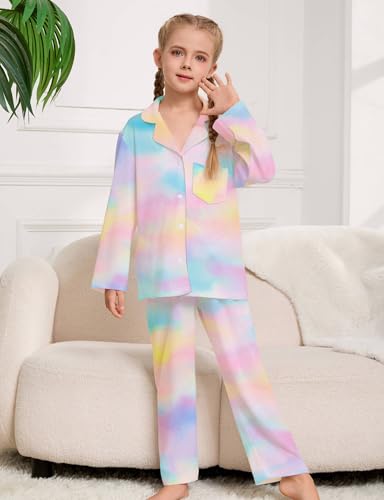Kids Pajamas for Girls Pajama Sets 2-Piece Girls Button-down Pjs Set Soft Sleepwear Nightwear with Eye Mask Headband2