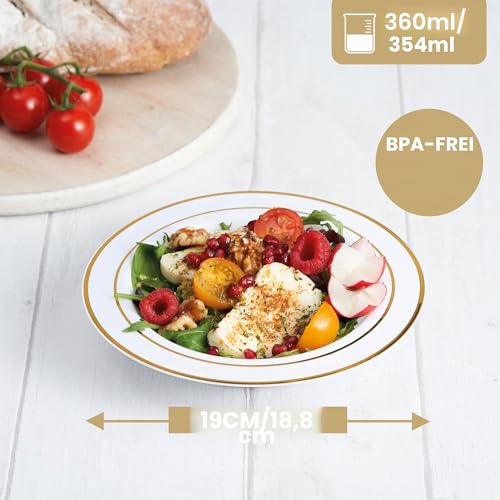 MATANA 25 Weiße Plastikschalen mit Goldrand, Suppenteller, Suppenschalen (360ml) - Suppenschüssel für Hochzeiten, Geburtstage, Taufen, Weihnachten, Partys - Mehrweg & Stabil