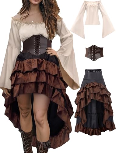 Verceco Pirate Costume Women Outfit with Renaissance Pirate Shirt Skirt Corset Waist Belt Womens...