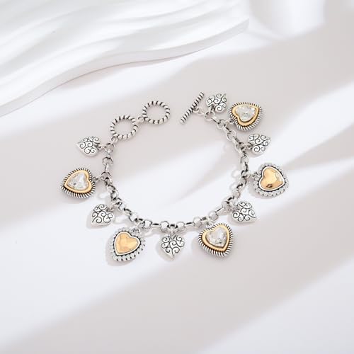 Antique Gold Heart Bracelets for Women With Eleven Textured Puffy Heart Charms Bracelets Boho Bracelet Trendy Gold And Silver Bracelet link Chain Bracelet Fashion Two Tone Jewelry Gift4