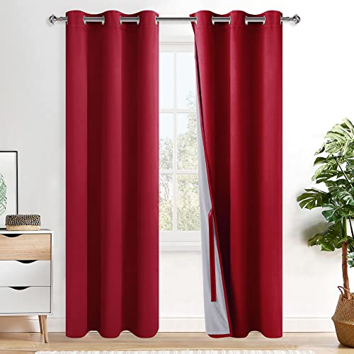 Xwzo 100% Blackout Window Curtains - Thermal Insulated & Noise Reduction Black Liner Window Treatment Sewn With Tiebacks For Bedroom/Living Room, Christmas Red, W42 X L84, Set Of 2 Panels #TOP27