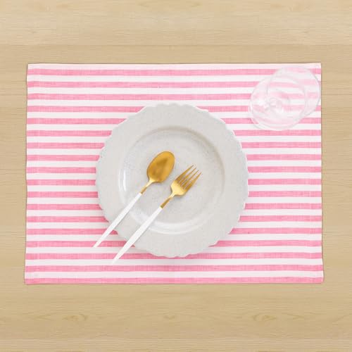 Image of Solino Home 100% Linen Placemats, 14 x 19 in, Pink, Amalfi Stripe, Set of 4 | define each seat for daily meals and dining, woven stripe, European flax fibres, durable everyday quality, OEKO-TEX Certified