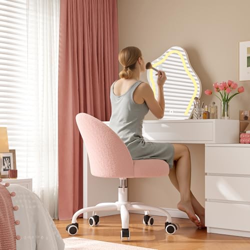 Image of DurayLoly Vanity Chair with Wheels, Cute Desk Chair with Back, Armless Chair with Height Adjustable & 360 Swivel, Soft Lumbar Support for Small Space, Bedroom, Gentle Pink