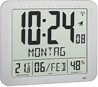TFA Dostmann Funkuhr digital, 60.4516.54, mit Raumklima, ausgeschriebener Wochentag (10 Sprachen), 2 Weckfunktionen, als Tischuhr oder zum Aufhängen, Silber, (L) 248 x (B) 25 (73) x (H) 206 mm