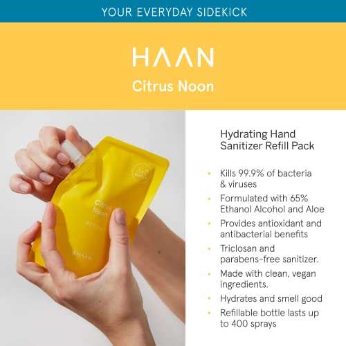 Haan Hydrating Hand Sanitizer With Aloe Vera (Refill Bag) Cleanses Your Hands While Moisturizing, Fresh Citrus Noon Scent ​- 3.4 Floz #TOP1