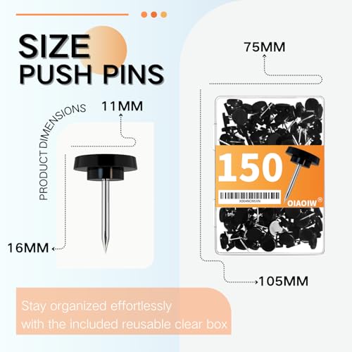 image for OIAOIW 150 PCS Black Flat Push Pins for Wall Thumb Tacks for Walls Fla