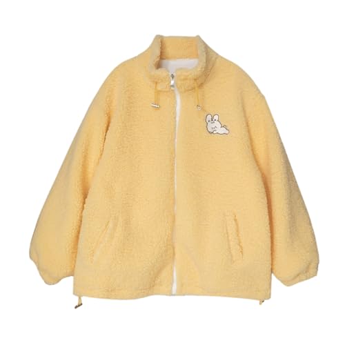 Teens Cute Bunny Embroidered Fuzzy Coat Women Kawaii Winter Fluffy Zip Up Fleece Lined Oversized Shaggy Jacket