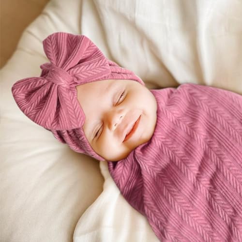 Image of DRESHOW BQUBO Newborn Receiving Blanket Toddler Warm for Girls with Bow Hat and Bow Headband Shower Gift
