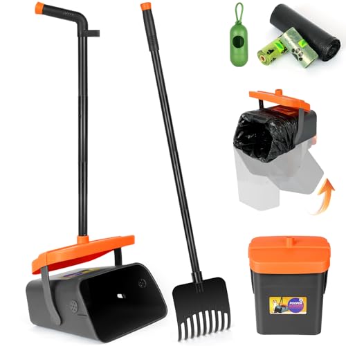 AMFUN Hundekotschaufel, 46' Großer Hundekotschaufel, Hundekotschaufel und Harke Set mit Verstellbarem Langem Griff, drehbar, für Große Mittelgroße Kleine Hunde Gras Kies, mit 50 Müllsäcken