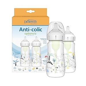 Dr. Brown’s Natural Flow® Anti-Colic Options+™ Wide-Neck Baby Bottle Designer Edition Bottles, Dino Decos, 9oz/270mL, Level 1 Nipple, 2-Pack, 0m+