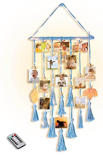 Homecor Hanging Photo Display Wall Decor, Blue Macrame Hanging Boho Room Bedroom Decor, Picture Frame Collage with Light & 30 Clips, Christmas Teenage Teen Girl Gifts Ages 10 11 12 13 14 Years Old