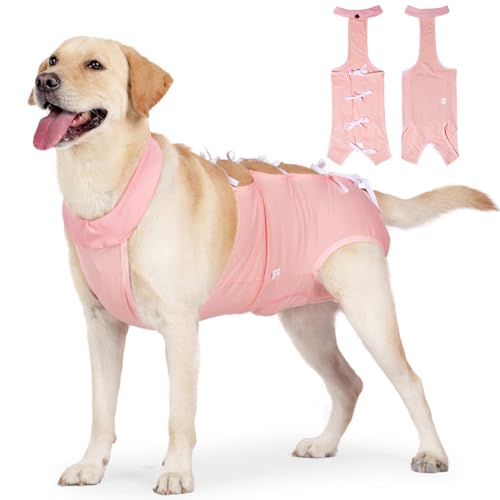 Image of WAYUTO Breathable Cotton Dog Recovery Suit Dog Strap Post-Operative Clothing Adjustable Back Straps Protective Gown for Neuter Pets After Surgery Cuttable Opening Vent Freedom of Movement Pink M