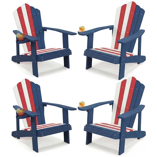 Image of Tangkula Oversized Adirondack Chair, Patio Lounge Chairs w /Adjustable Cup Holder, HIPS Armchairs Slatted Chair, Outdoor Weather Resistant Fire Pit Chair for Deck Backyard Garden Porch (4, US)