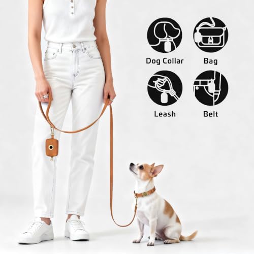 Image of Didog Dog Poop Bag Holder for Leash, Stylish PU Leather, Light Brown