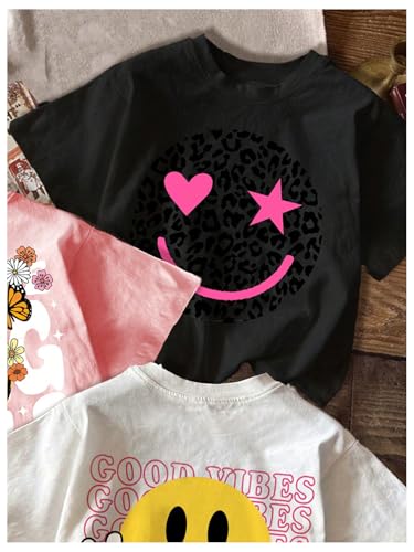 SweatyRocks Girl's 3 Pack Cartoon Graphic Tee Shirt Short Sleeve Crew Neck Funny Loose Tee Tops3